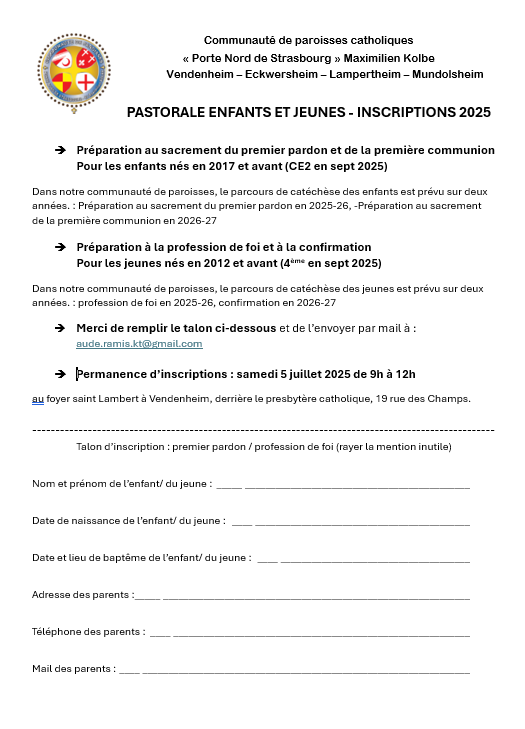 Bulletin d'inscription aux sacrements 2025-2026 pour les jeunes et les enfants - Site Catho Porte Nord Strasbourg